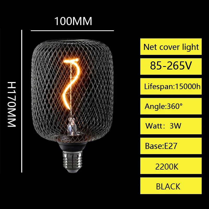 Creative Luxury Black Gold LED Light Bulb – Wrought Iron Mesh Cage Globe Lamp for Dining & Bar Decor