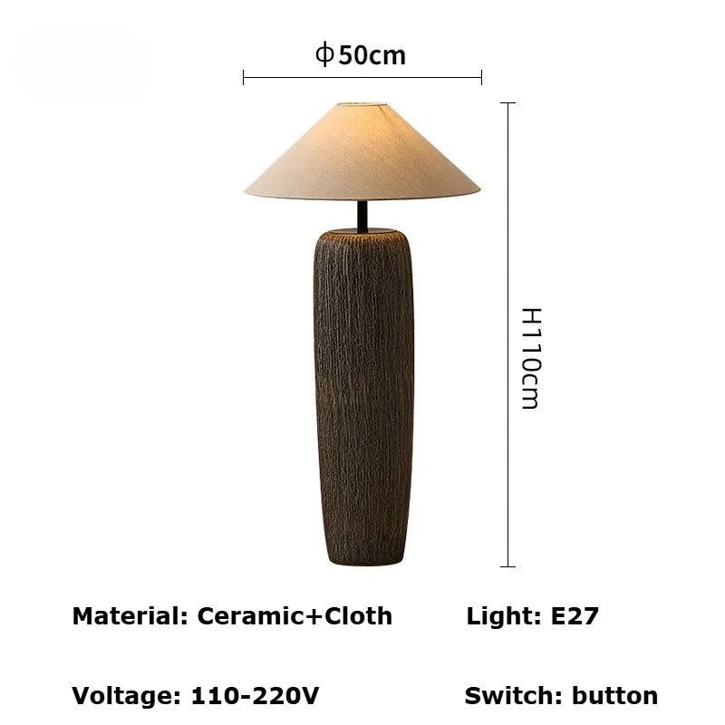 Japanese Antique Pottery Pot Floor Lamp – Zen Ceramic Stand Light with Fabric Shade for Living Room & Bedroom