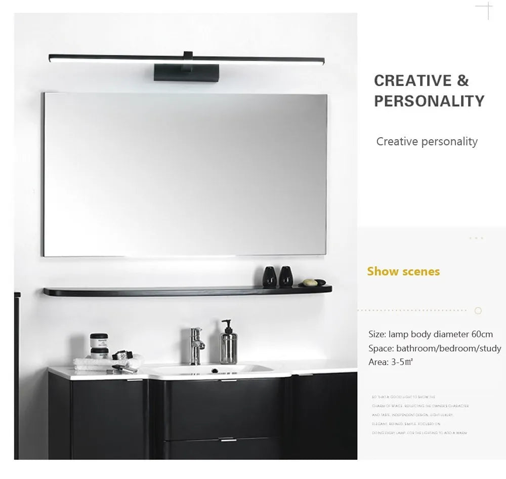 Modern LED Mirror Light – Waterproof Bathroom Wall Lamp for Makeup, White or Black Flat Design