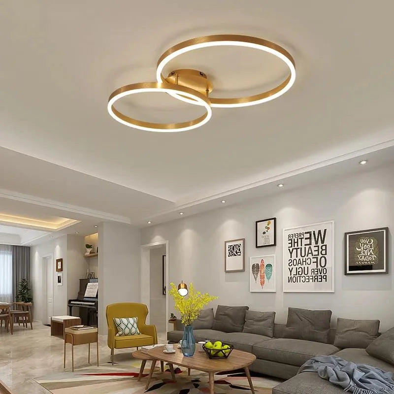 Household Gold LED Chandeliers – Modern 3-Circle Metal Ceiling Light for Living Room, Bedroom & Dining Room
