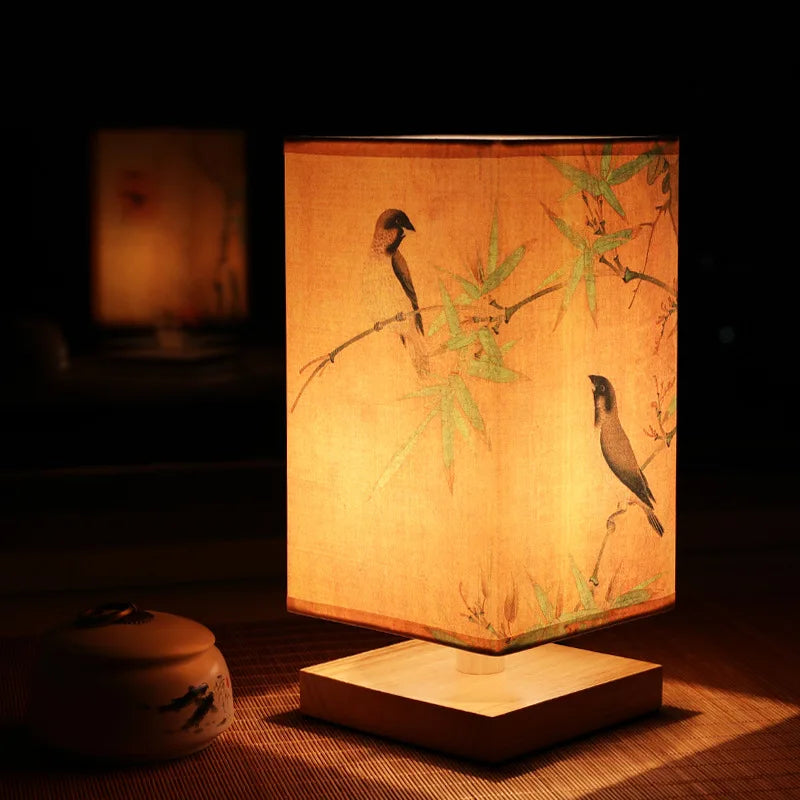 Vintage Chinese Style Wooden Table Lamp – Retro Landscape Painting Desk Light for Bedroom and Artistic Room Decoration