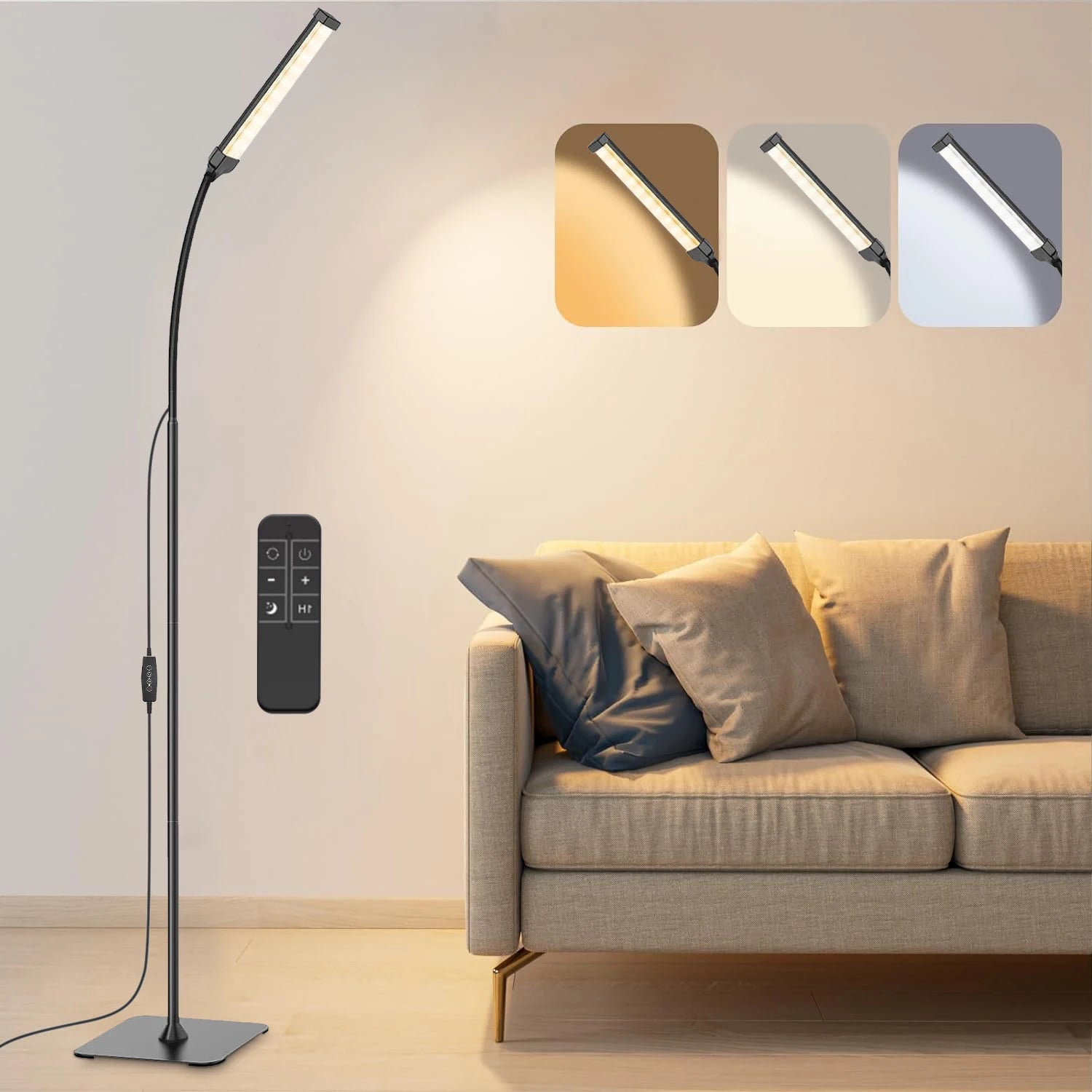 Dimmable LED Gooseneck Floor Lamp – Adjustable 3-Color, 5-Level Standing Light with Remote for Reading and Living Rooms