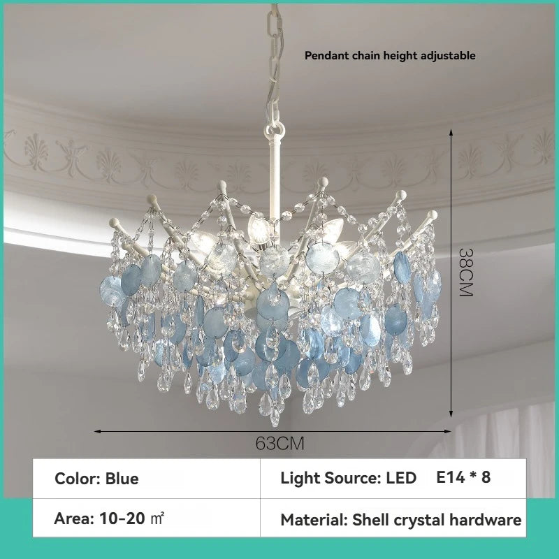 French K9 Crystal Chandelier – Luxury Vintage Blue & White Natural Shell Pendant Light for Romantic Villas, Living Rooms & Bedrooms