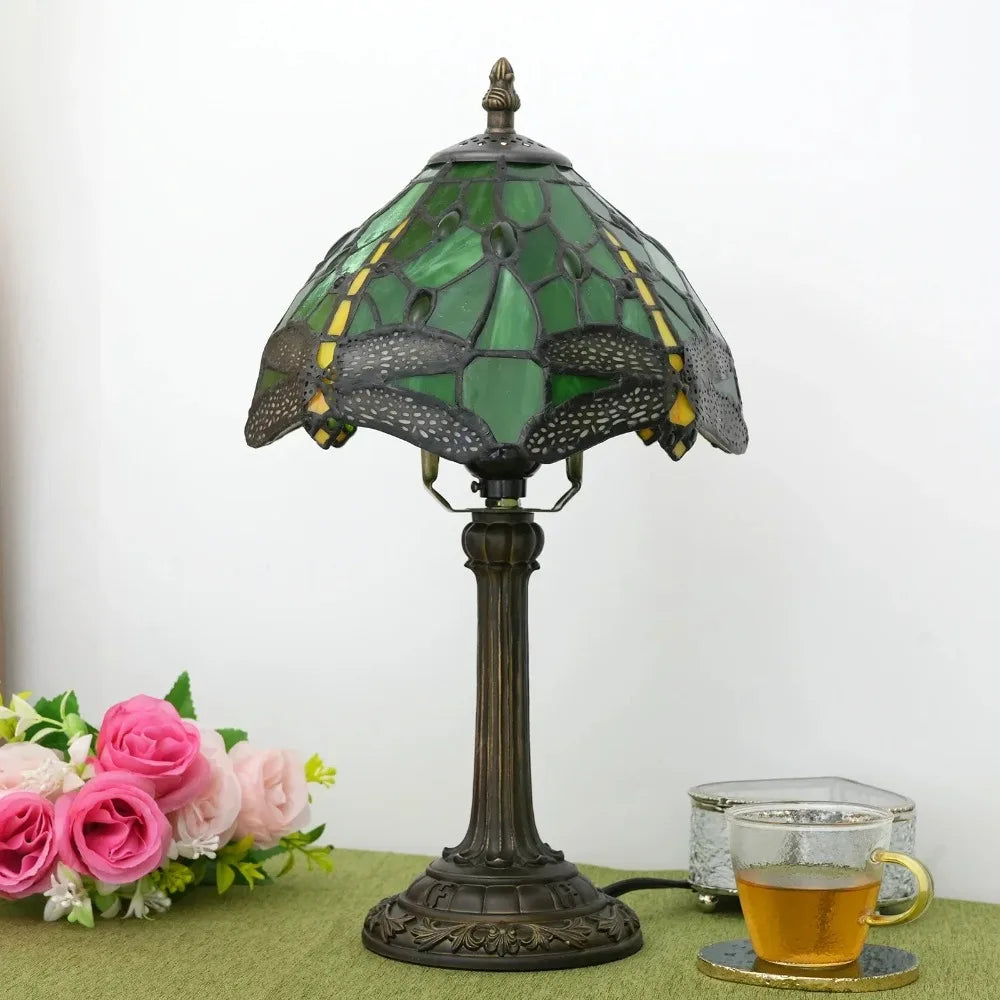 Stained Glass Tiffany Style Table Lamp – Antique Green Reading Light for Bedroom, Living Room, and Office Decor