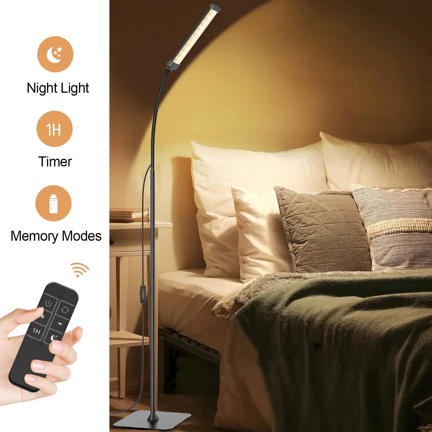 Dimmable LED Gooseneck Floor Lamp – Adjustable 3-Color, 5-Level Standing Light with Remote for Reading and Living Rooms