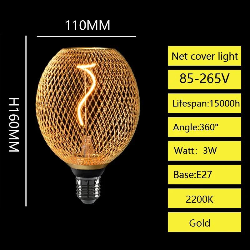 Creative Luxury Black Gold LED Light Bulb – Wrought Iron Mesh Cage Globe Lamp for Dining & Bar Decor