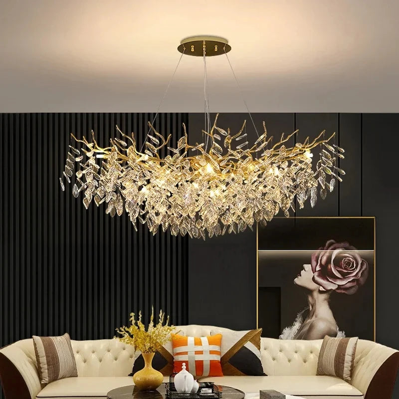 Luxury Gold Crystal LED Chandelier – Modern Ceiling Pendant Light for Living Room, Dining Room & Villa Interiors