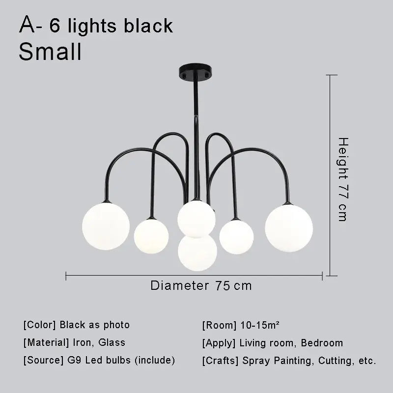 Modern Nordic LED Chandelier – Gold/Black Metal Suspension Light with Frosted Glass Shade (G9 Fixture)