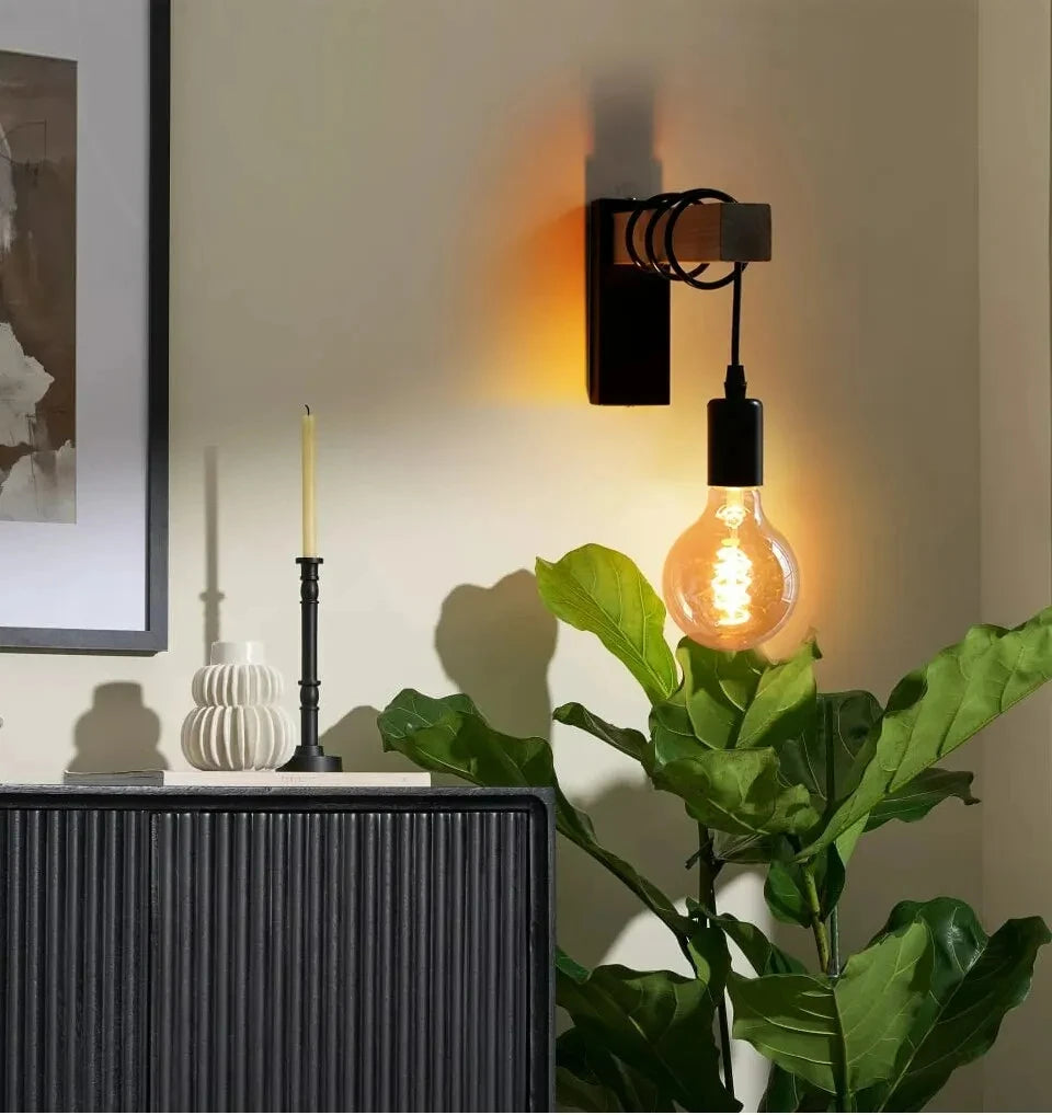 Retro Industrial Wood and Iron Wall Lamp – Vintage E27 LED Sconce for Living Rooms, Bedrooms, Restaurants, and Loft Interiors