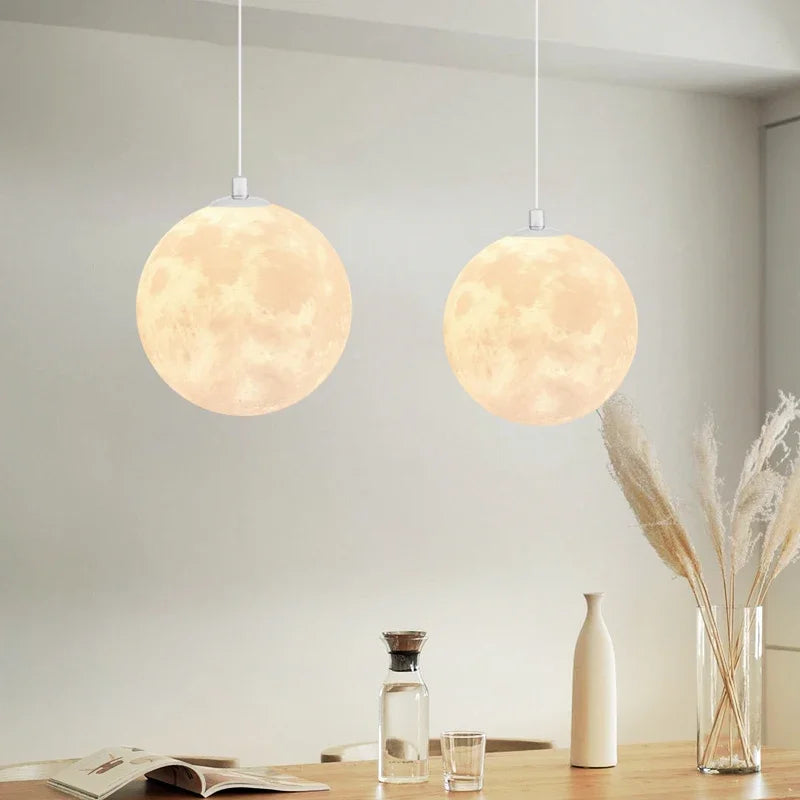 Nordic LED Moon Pendant Chandelier – Modern 3D Moon Globe Light for Dining Room, Kitchen, Bedroom & Bar