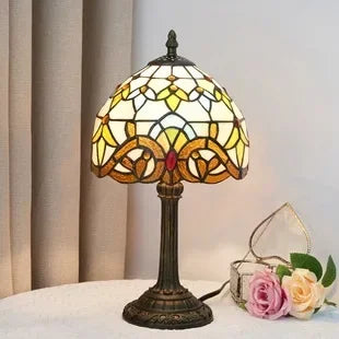 Stained Glass Tiffany Style Table Lamp – Antique Green Reading Light for Bedroom, Living Room, and Office Decor