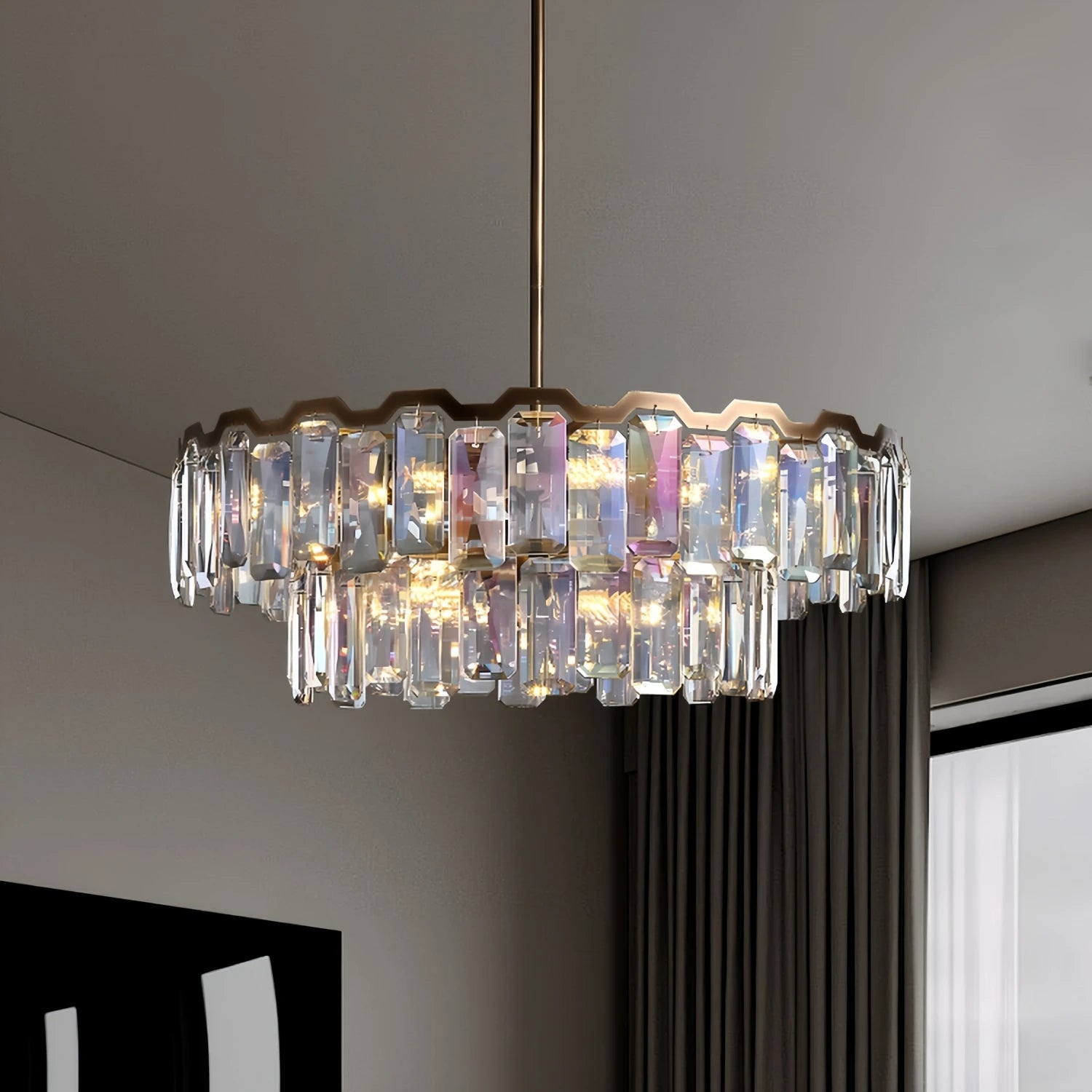 Iridescent Crystal Chandelier – Designer Luxury Round & Long Pendant Light for Dining Room, Living Room, Hotel & Villa