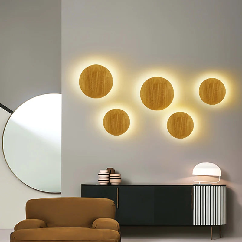 Nordic Circular Wooden LED Wall Light – Modern Minimalist Bedside and Staircase Sconce for Warm Ambient Home Lighting