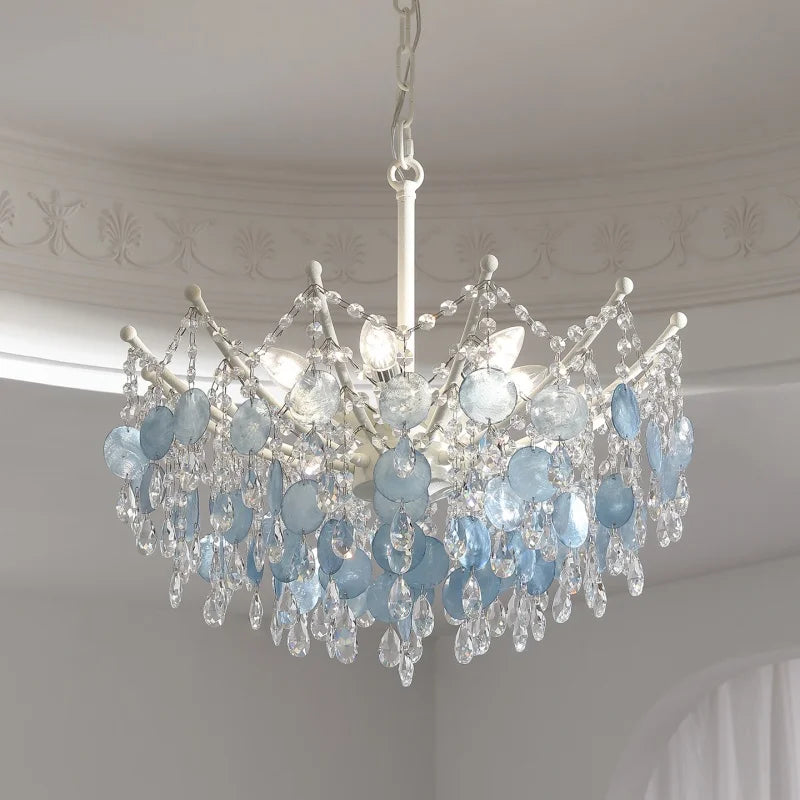 French K9 Crystal Chandelier – Luxury Vintage Blue & White Natural Shell Pendant Light for Romantic Villas, Living Rooms & Bedrooms