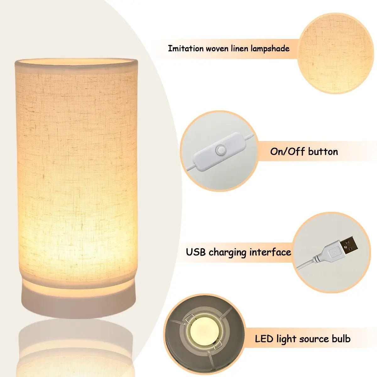 Nordic Retro-Style Table Lamp – Fabric Lampshade USB-Powered Light for Bedroom, Study & Home Décor