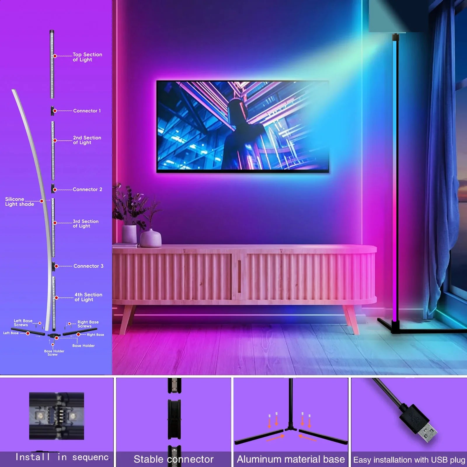 155CM RGB Dream Color Floor Lamp – Music Sync 16 Million Color Changing LED Standing Mood Light for Bedroom and Living Room