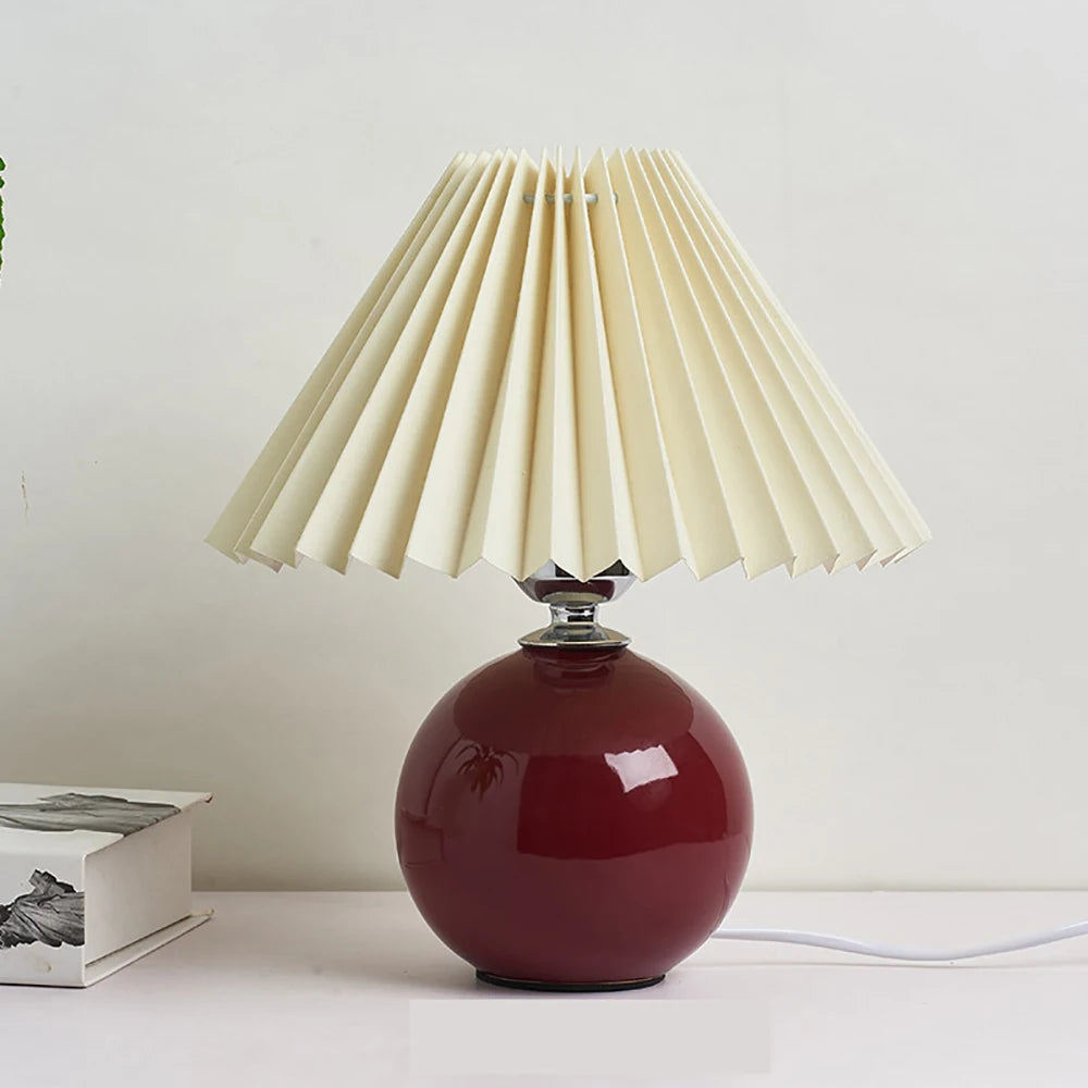 Vintage Pleated Table Lamp – Ceramic Base with LED E27 Tricolor Bulb for Bedroom Decorative Night Lighting