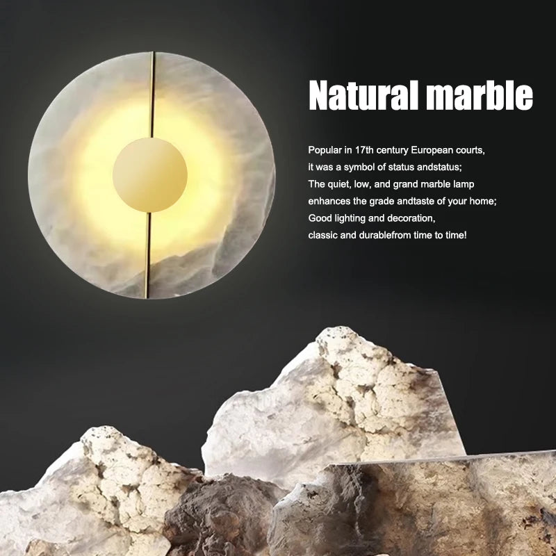 Modern Alabaster Moon LED Wall Lamp – Creative Marble Round Sconce with Gold Copper Accent for Bedroom and Living Room Décor