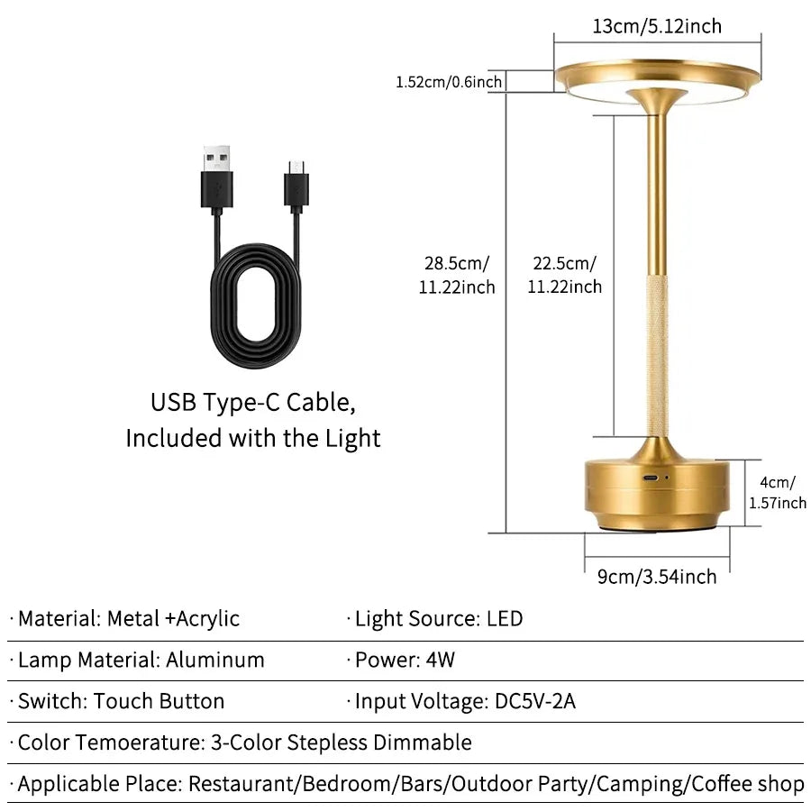 Wireless Simple Decorative Table Lamp – Infinitely Dimmable Retro Portable Rechargeable Touch Desk Light