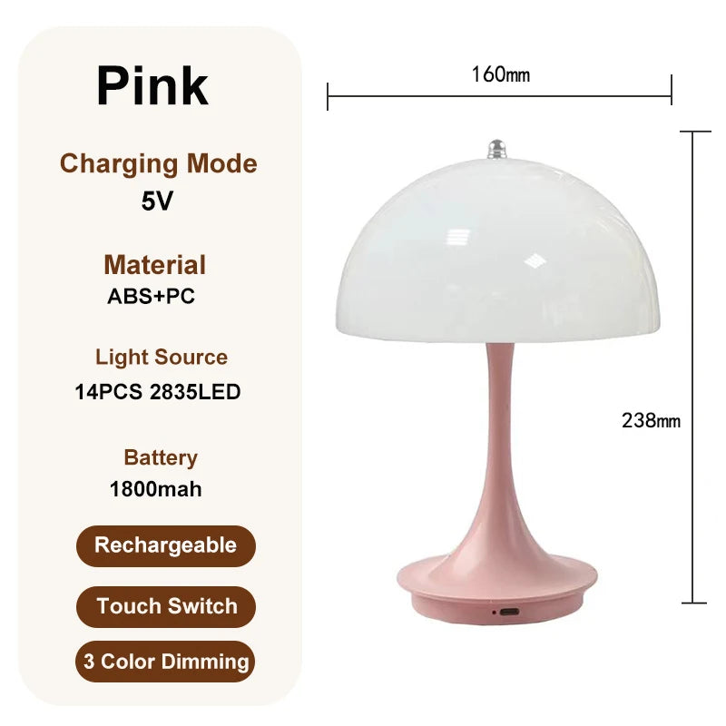 Modern Nordic Danish Mushroom Table Lamp – Rechargeable Energy-Saving LED Decor for Bedroom and Living Room