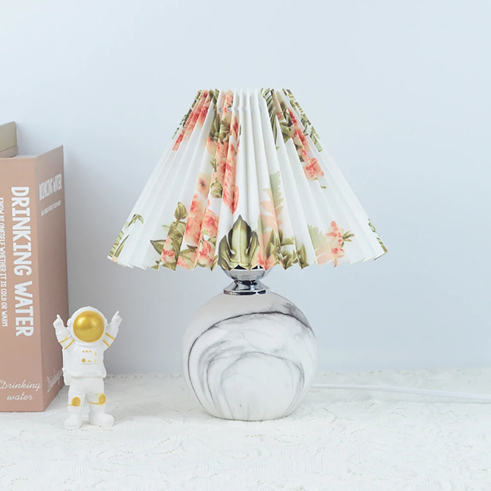 Vintage Pleated Table Lamp – Ceramic Base with LED E27 Tricolor Bulb for Bedroom Decorative Night Lighting