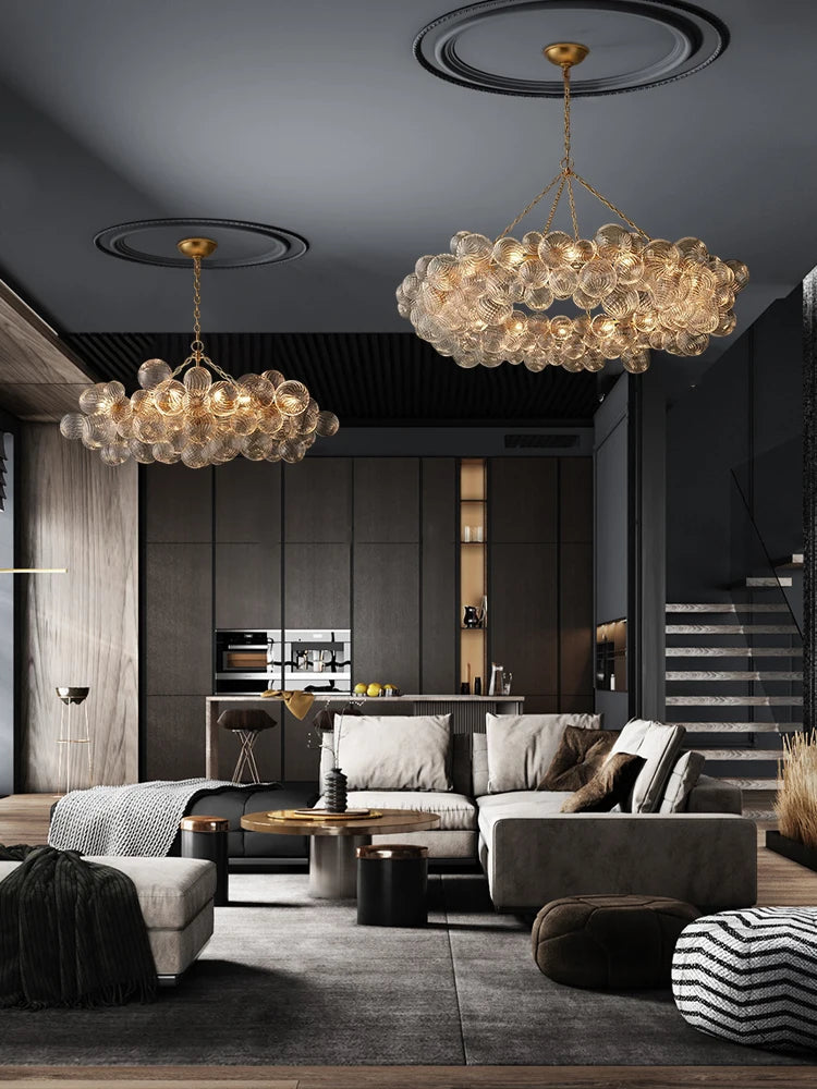 2025 Trendy Glass Bubble Art Chandelier – Gold & Chrome LED Ceiling Light for Living Room
