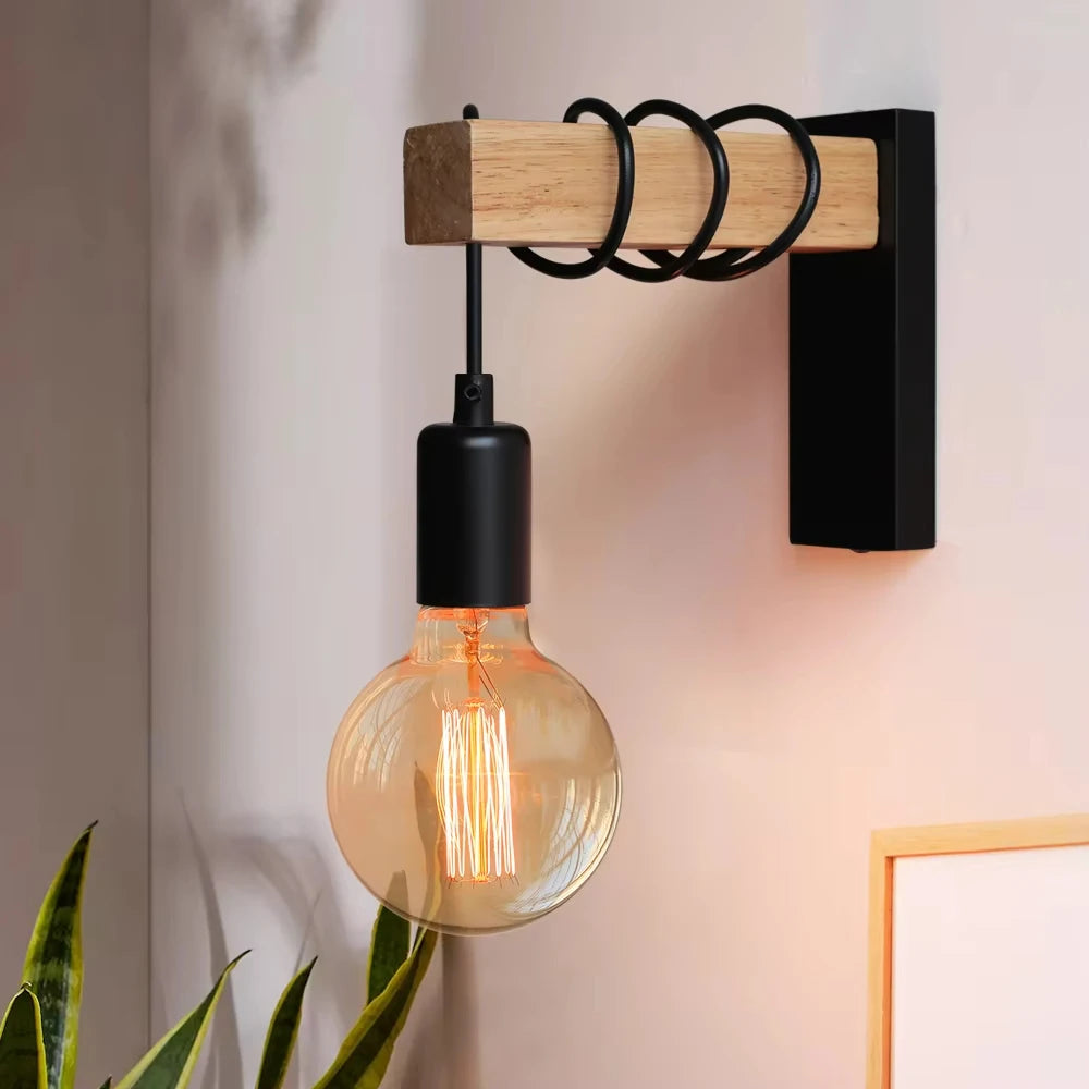 Retro Industrial Wood and Iron Wall Lamp – Vintage E27 LED Sconce for Living Rooms, Bedrooms, Restaurants, and Loft Interiors