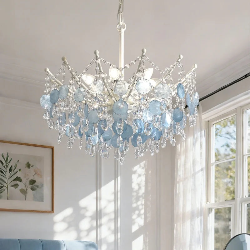French K9 Crystal Chandelier – Luxury Vintage Blue & White Natural Shell Pendant Light for Romantic Villas, Living Rooms & Bedrooms