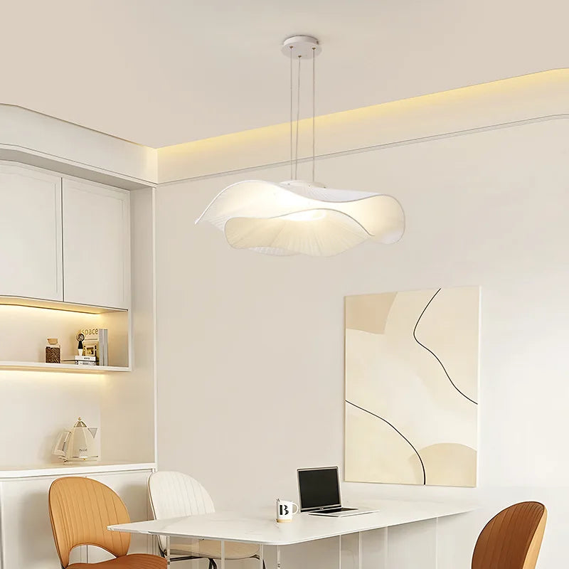 White Fabric LED Chandelier – Minimalist Hanging Lamp for Dining Room, Bedroom & Living Spaces
