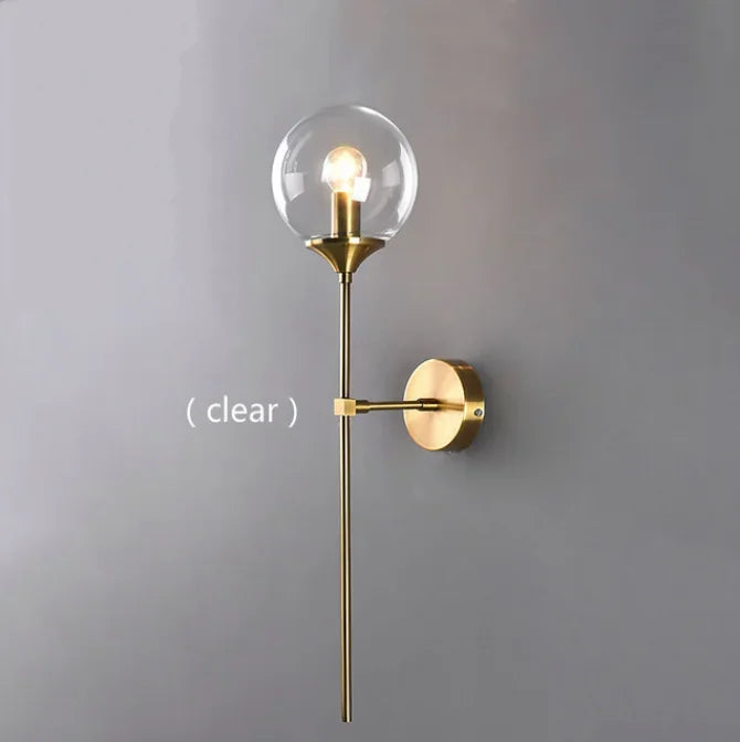 Modern Nordic Glass Wall Lamp – Golden Round Bedside and Living Room Sconce in Metal and Clear Glass