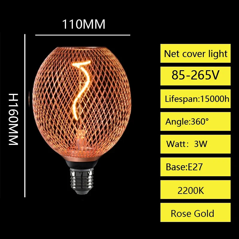 Creative Luxury Black Gold LED Light Bulb – Wrought Iron Mesh Cage Globe Lamp for Dining & Bar Decor