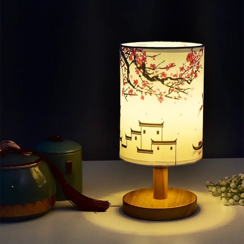 LED Square Decoration Table Lamp – Simple Chinese Style Dimmable Fabric Bedside Night Light with EU Plug
