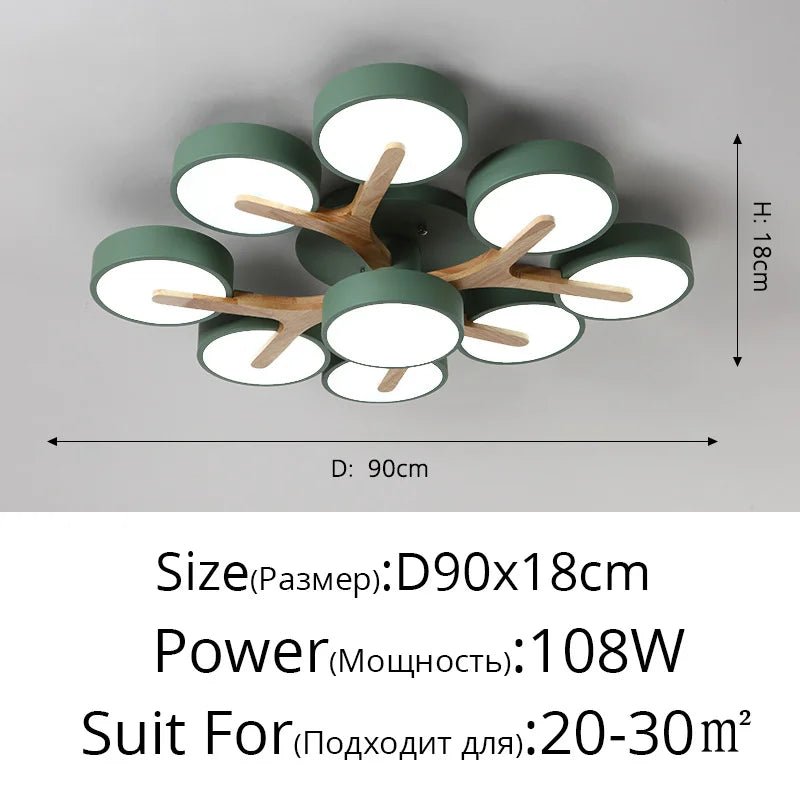 Nordic Style Personalized Macaron LED Chandelier – Modern Minimalist Wood & Aluminum Ceiling Light for Bedroom and Living Room