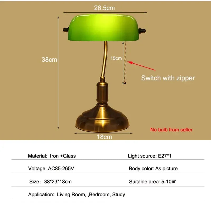Retro European Bank Table Lamp – Antique Copper Glass Desk Light for Bedroom, Office and Living Room Décor