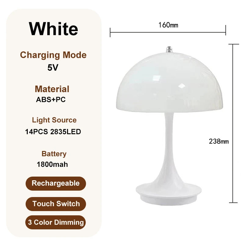 Modern Nordic Danish Mushroom Table Lamp – Rechargeable Energy-Saving LED Decor for Bedroom and Living Room