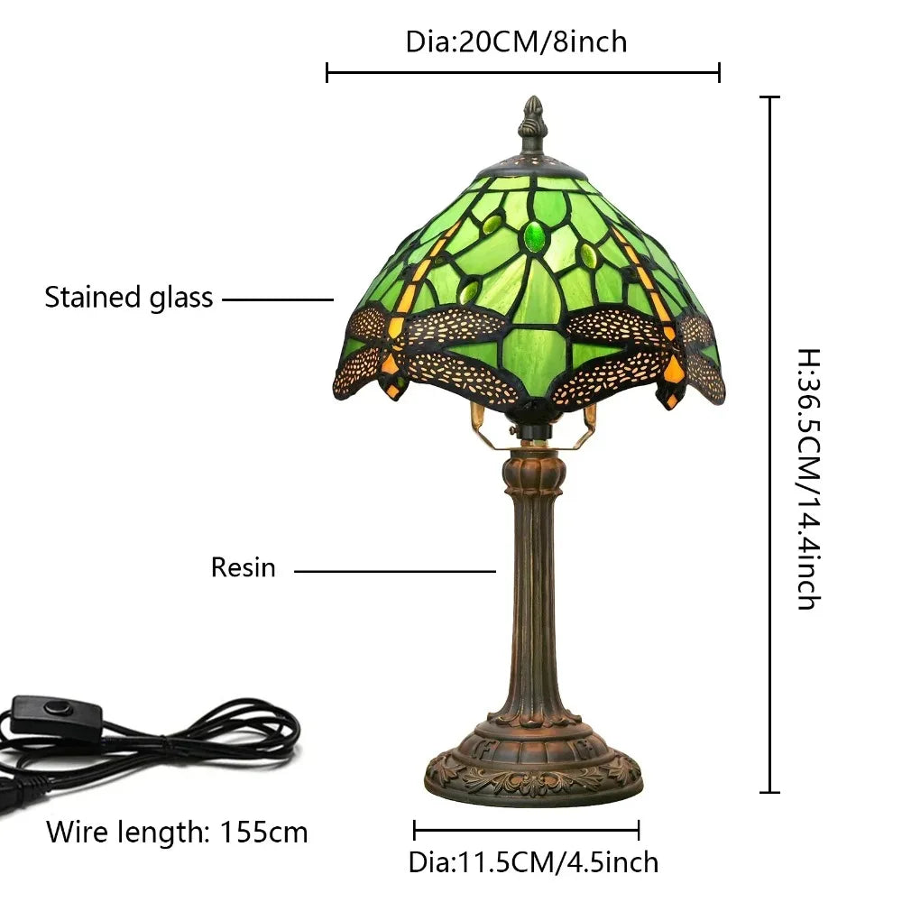 Stained Glass Tiffany Style Table Lamp – Antique Green Reading Light for Bedroom, Living Room, and Office Decor