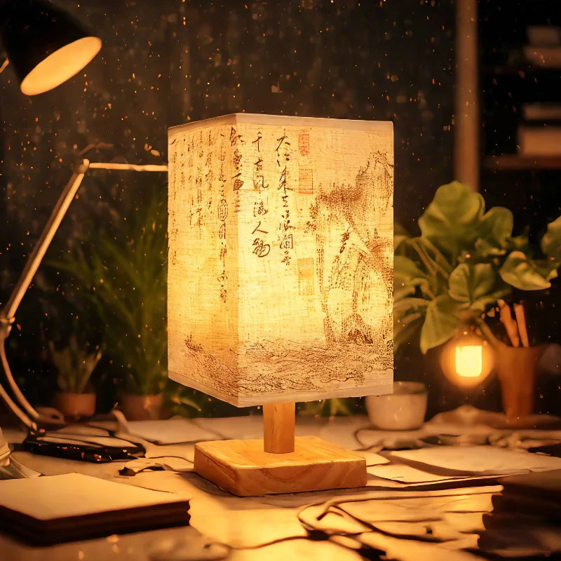 LED Decoration Table Lamp – Simple Dimmable Chinese Style Square Fabric Lampshade Bedside Desk Light
