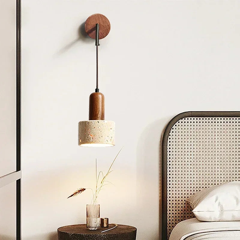 Wabi-Sabi Natural Stone LED Wall Lamp – Retro Peach Wood Tone Bedside Sconce for Modern Bedroom and Home Décor