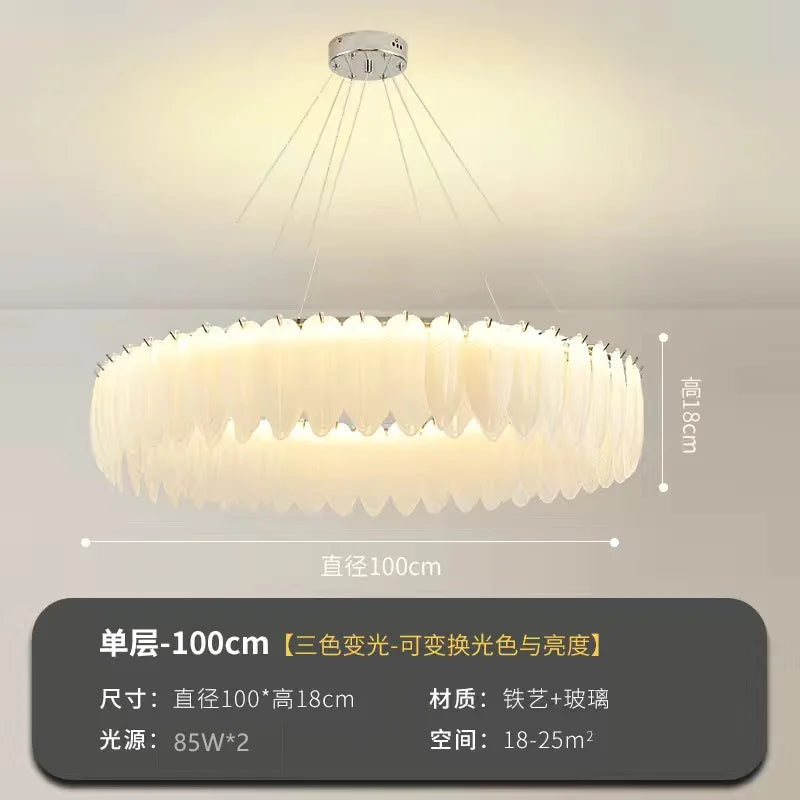 Modern Luxury Feather Glass Chandelier – Gold Round Decorative Lighting for Living Room, Bedroom & Dining Area
