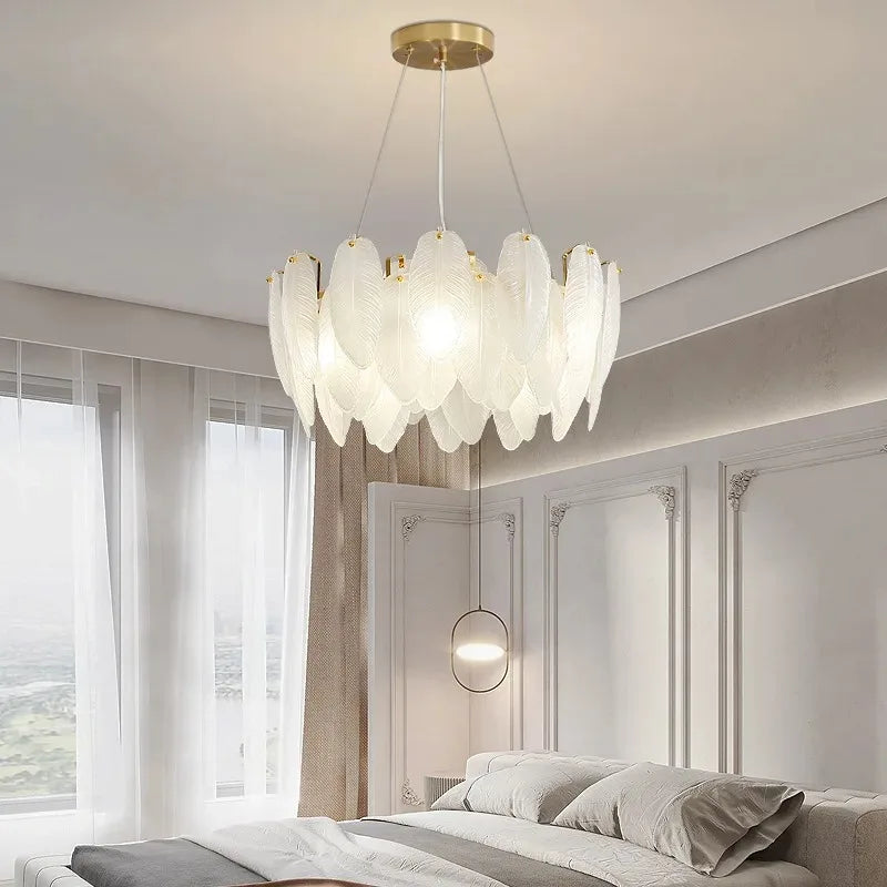 Modern Luxury Feather Glass Chandelier – Gold Round Decorative Lighting for Living Room, Bedroom & Dining Area