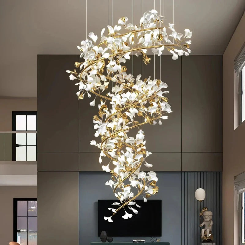 Modern Luxury Loft Ginkgo Leaf Chandelier – Artistic Large Pendant Light for Duplex Staircase, Villa & Hotel Lobby