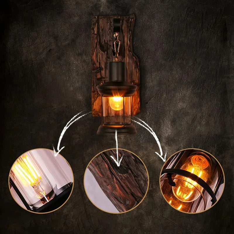 Vintage Industrial Wood and Iron Wall Sconce – Rustic Decorative Lighting for Corridors, Lofts, Bars, and Bedroom Walls
