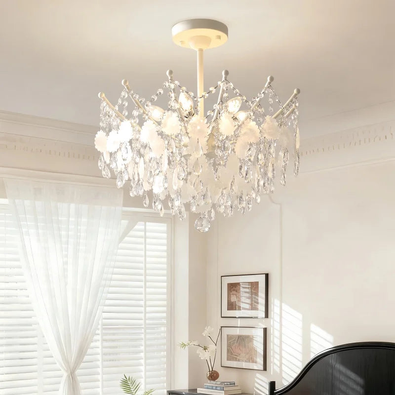 French K9 Crystal Chandelier – Luxury Vintage Blue & White Natural Shell Pendant Light for Romantic Villas, Living Rooms & Bedrooms