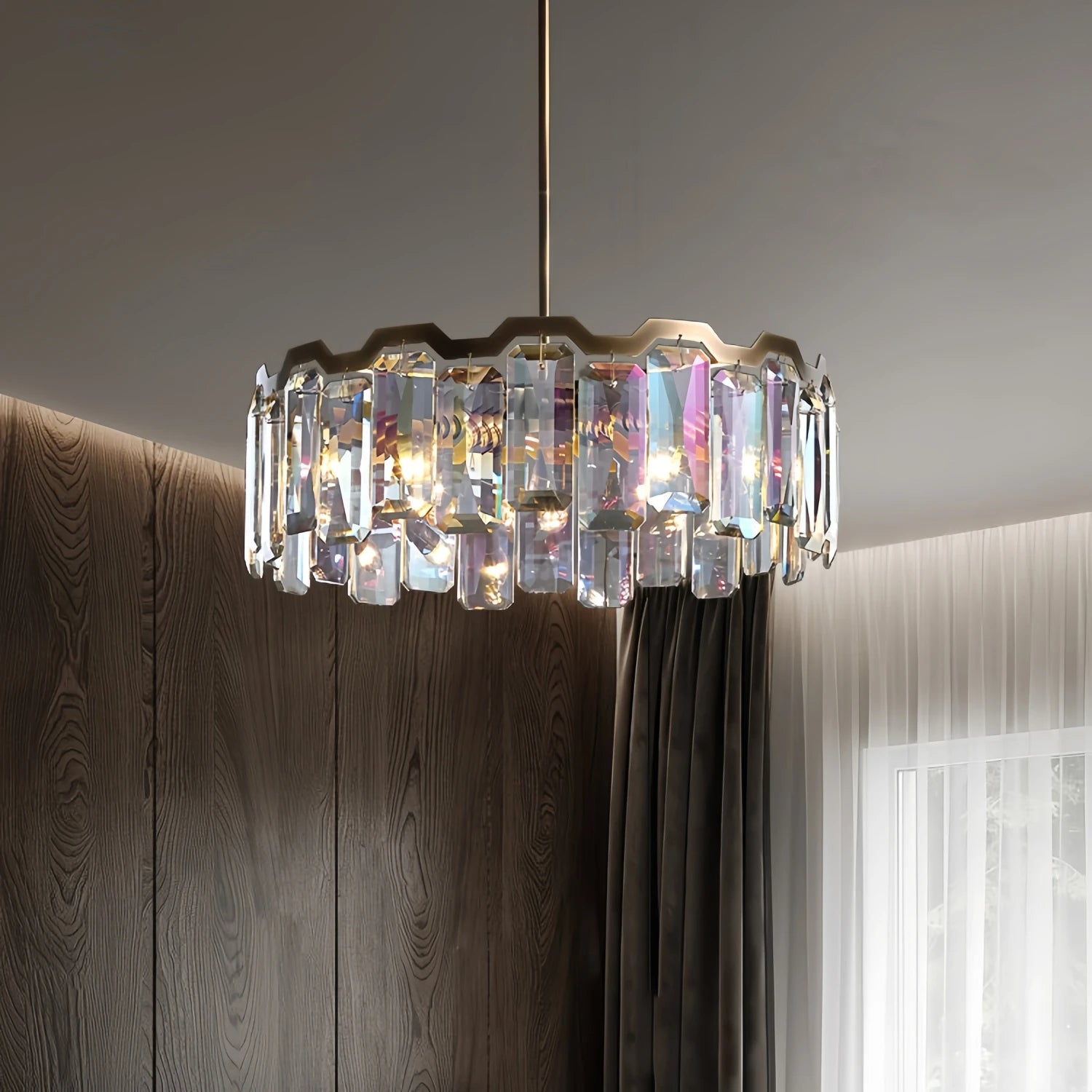 Iridescent Crystal Chandelier – Designer Luxury Round & Long Pendant Light for Dining Room, Living Room, Hotel & Villa