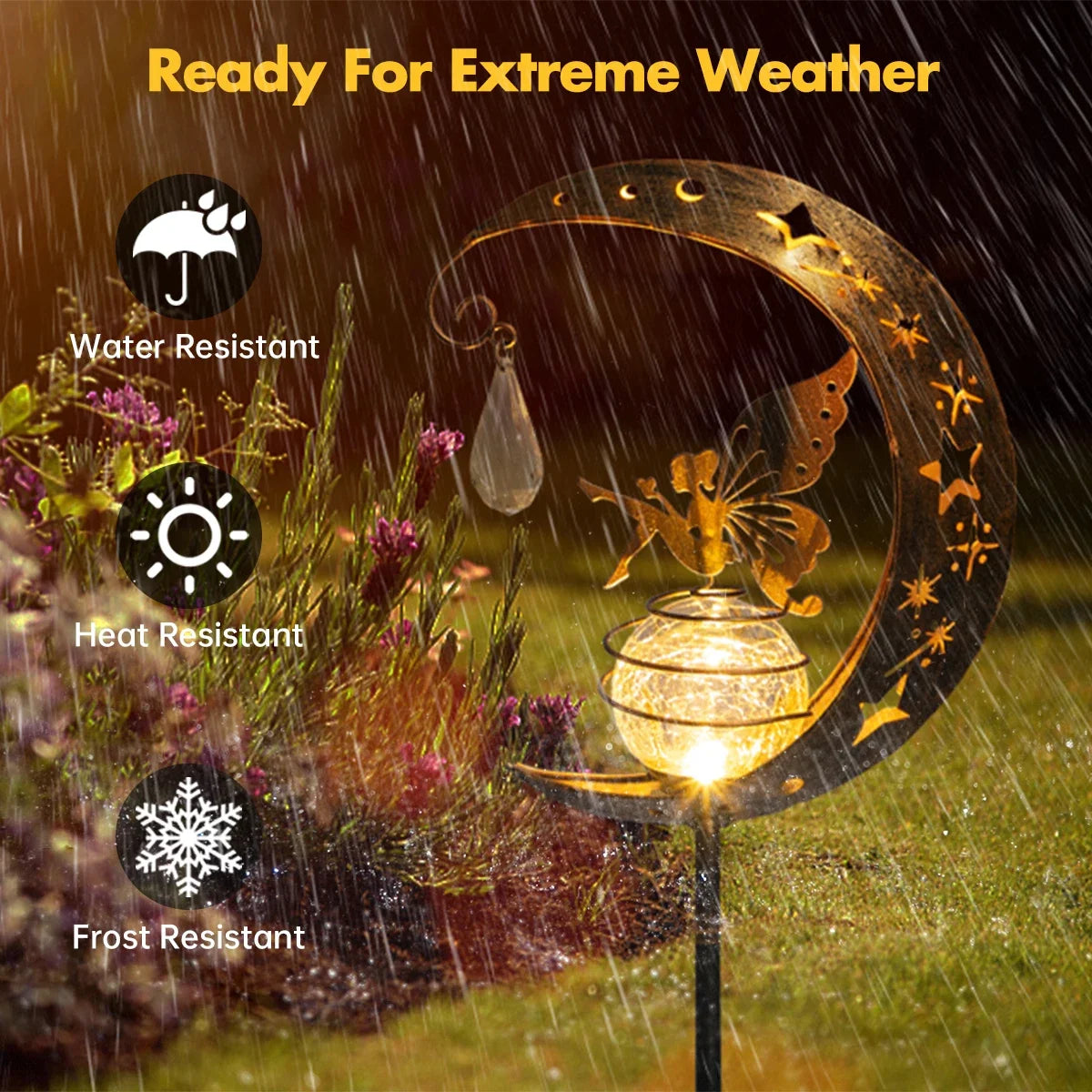 Solar Light Moon Fairy Lamp – Crackle Glass Globe with Angel Figure, Outdoor Garden Pathway Stake Light