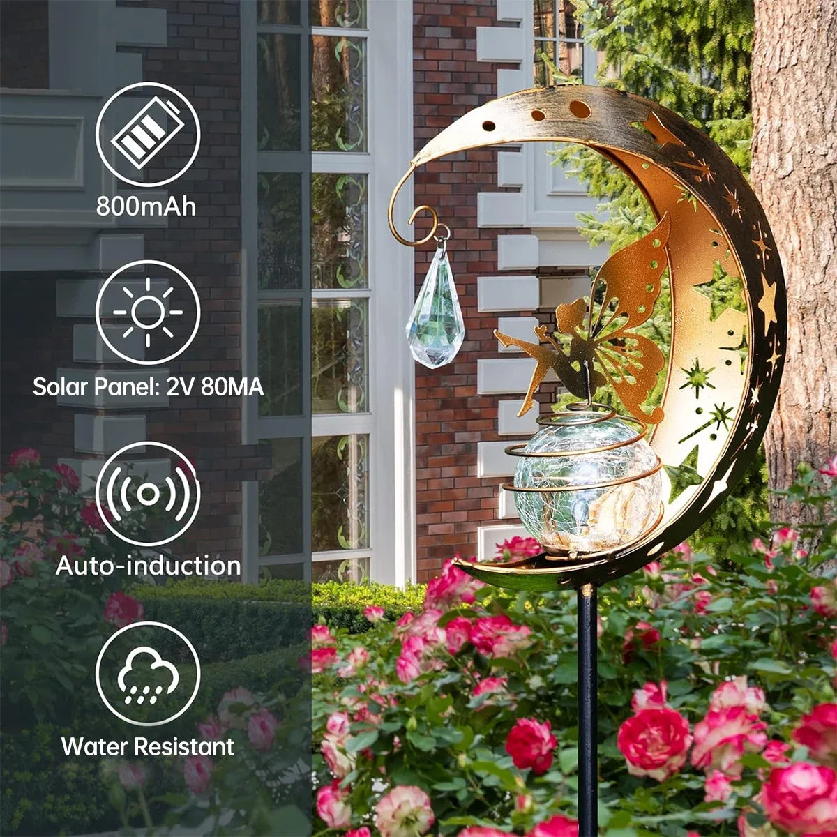 Solar Light Moon Fairy Lamp – Crackle Glass Globe with Angel Figure, Outdoor Garden Pathway Stake Light