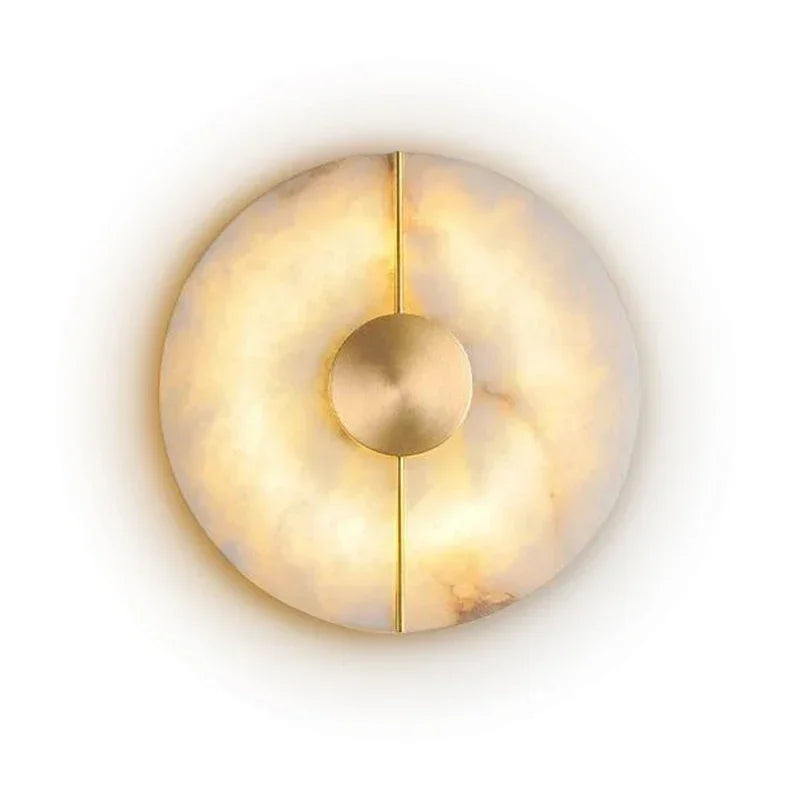 Modern Alabaster Moon LED Wall Lamp – Creative Marble Round Sconce with Gold Copper Accent for Bedroom and Living Room Décor