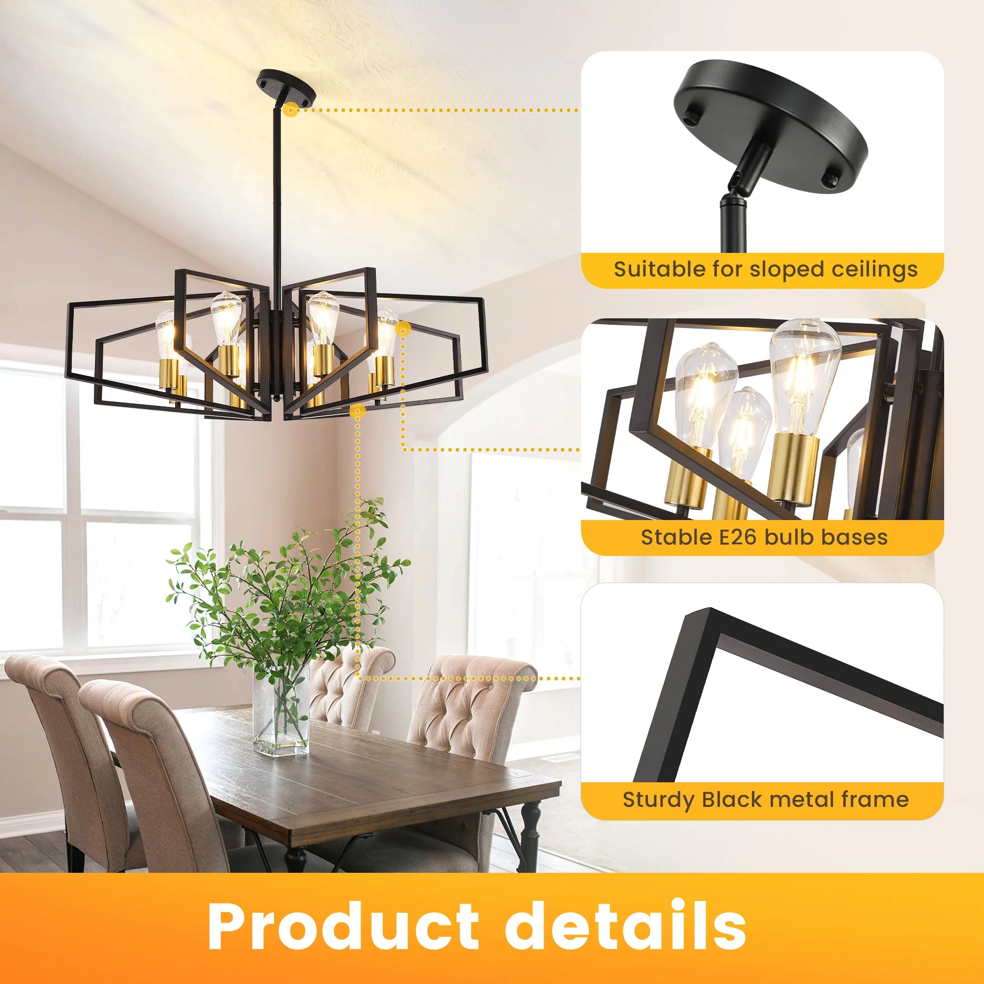 Modern 8-Light Geometric Chandelier – Adjustable Height Metal Pendant Light, Black Frame, Golden Accents
