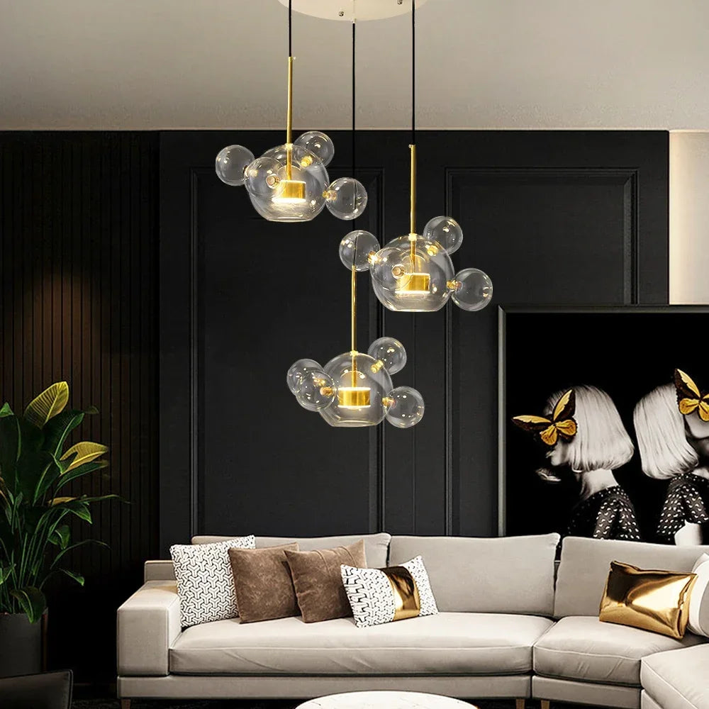 Modern Mouse LED Bubble Ball Chandelier – Creative Transparent Glass Pendant Light for Living Room & Children's Rooms