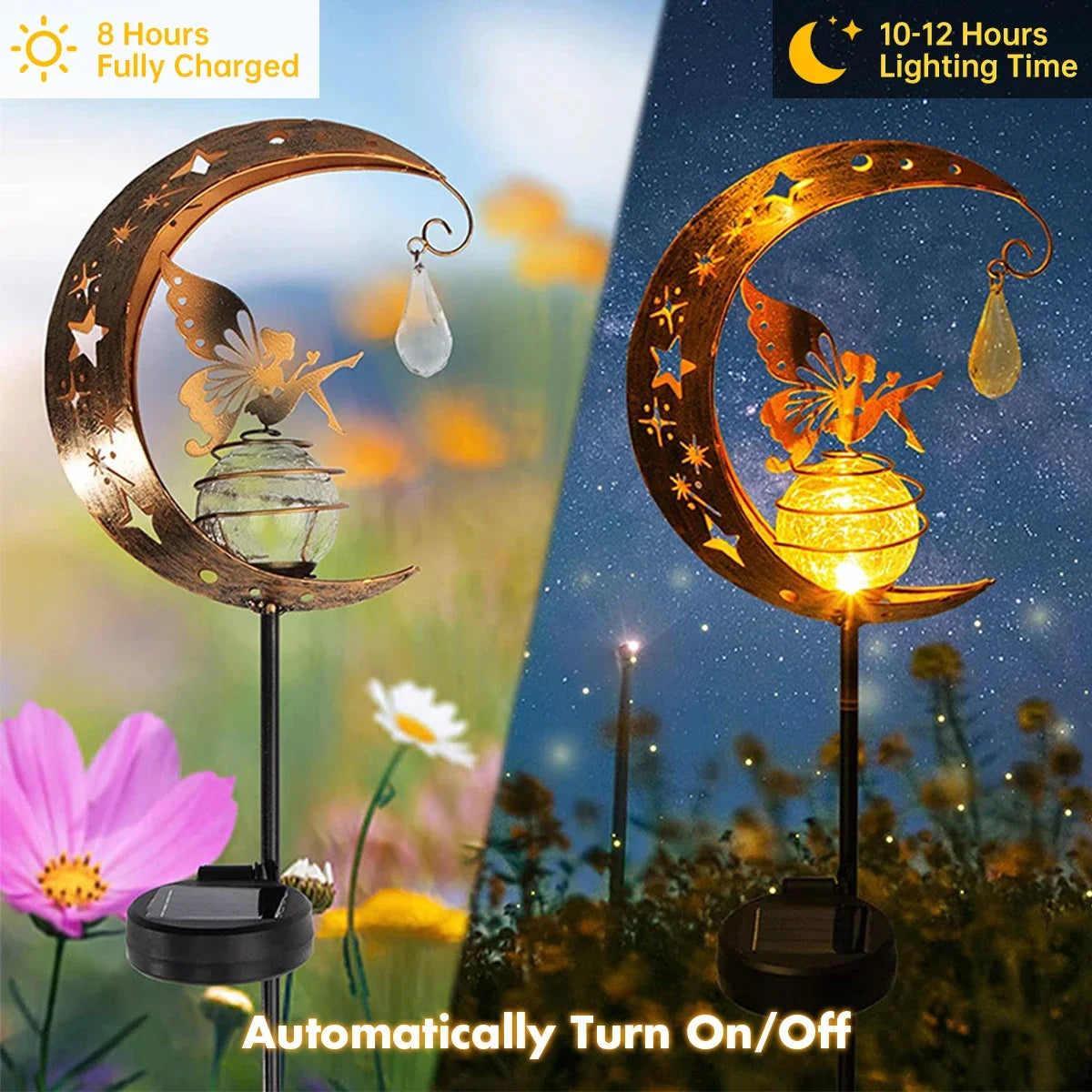 Solar Light Moon Fairy Lamp – Crackle Glass Globe with Angel Figure, Outdoor Garden Pathway Stake Light